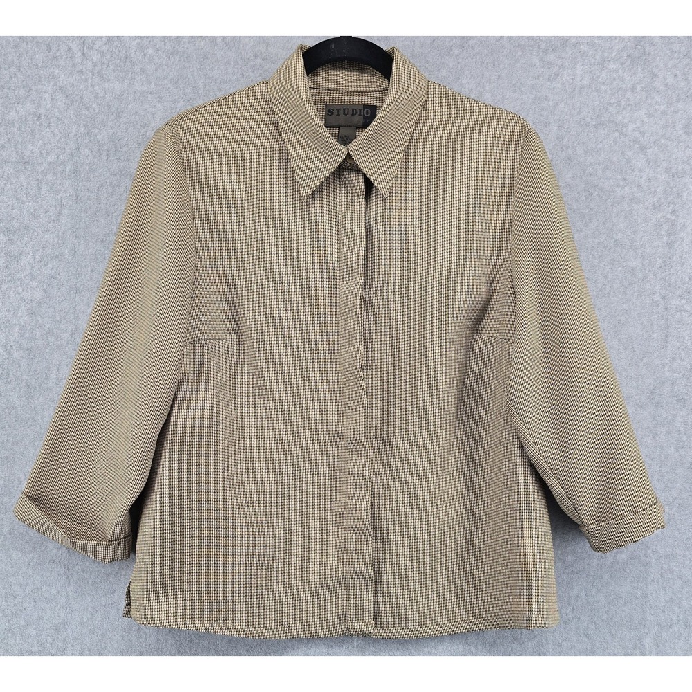 Vtg Houndstooth Blazer Jacket Sz M Studio JPR Black Beige Office Academia Church